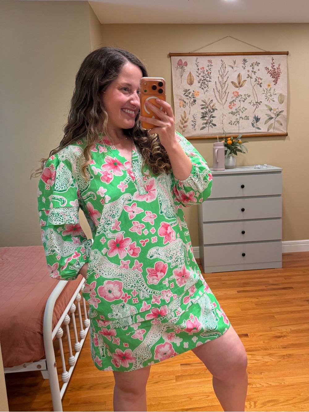 Maude Vivante Green & Pink Floral Leopard V-Neck Mini Dress Large Cotton